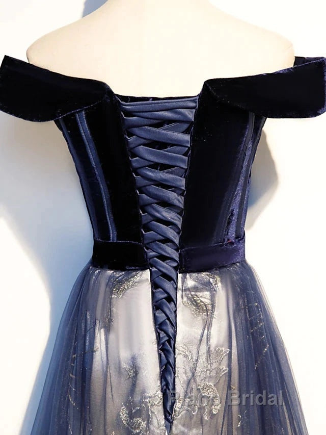 A-Line Elegant Floral Formal Prom Formal Evening Dresses Off Shoulder Short Sleeve Sweep / Brush Train Tulle With Pleats Pattern / Print