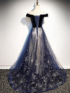 A-Line Elegant Floral Formal Prom Formal Evening Dresses Off Shoulder Short Sleeve Sweep / Brush Train Tulle With Pleats Pattern / Print