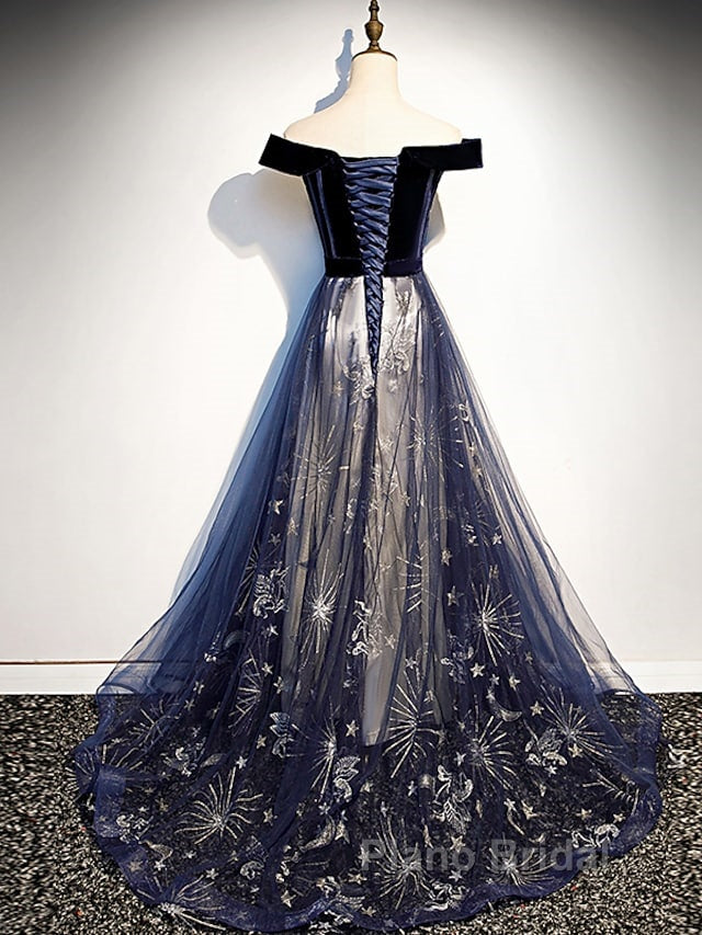 A-Line Elegant Floral Formal Prom Formal Evening Dresses Off Shoulder Short Sleeve Sweep / Brush Train Tulle With Pleats Pattern / Print