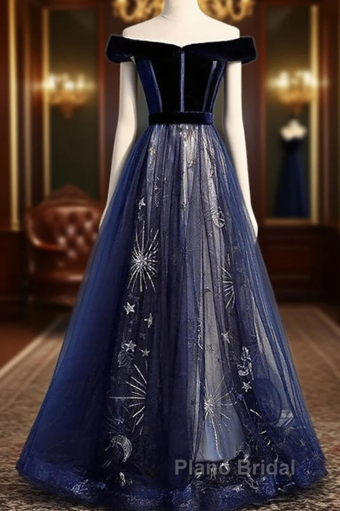 A-Line Elegant Floral Formal Prom Formal Evening Dresses Off Shoulder Short Sleeve Sweep / Brush Train Tulle With Pleats Pattern / Print Main image