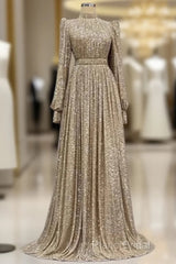 A-Line Formal Gown Elegant Dresses Red Green Dresses Black Tie Floor Length Long Sleeve Jewel Neck Fall Wedding Guest Sequined With Ruched