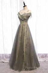 A-Line Formal Gown Elegant Dresses Wedding Guest Engagement Floor Length Short Sleeve Illusion Neck Tulle With Pleats