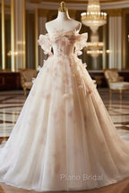 A-line Floral  Champagne Tulle Long Formal Prom Dresses, Elegant A-Line Formal Evening Dresses