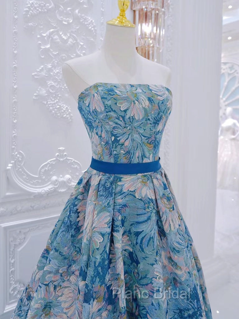 A-Line Flower Satin Blue Long Formal Prom Dresses, Blue Long Formal Dresses Secondary image