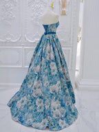 A-Line Flower Satin Blue Long Formal Prom Dresses, Blue Long Formal Dresses