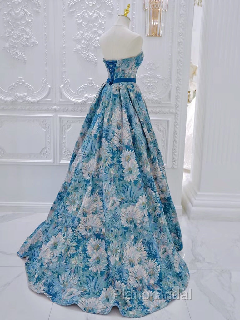 A-Line Flower Satin Blue Long Formal Prom Dresses, Blue Long Formal Dresses