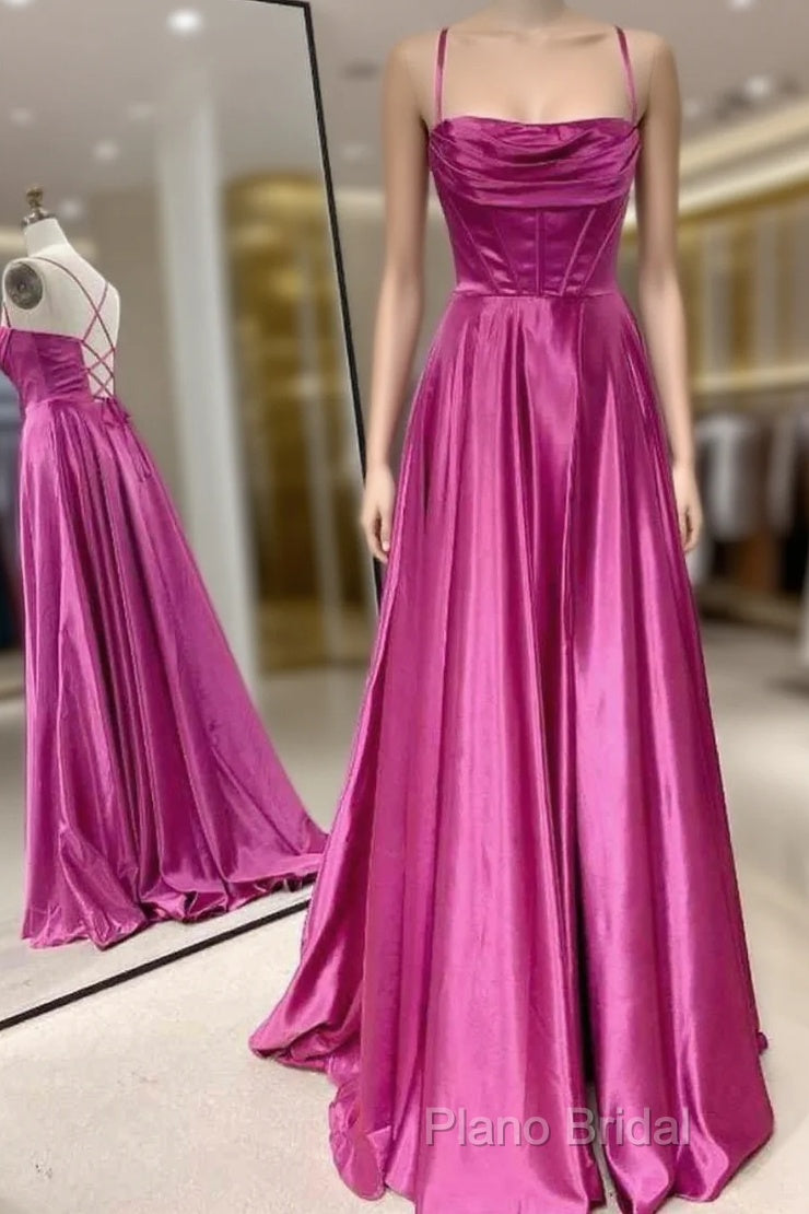 A-Line Fuchsia Formal Prom Dresses Ruched Long Formal Dresses Spaghetti Straps