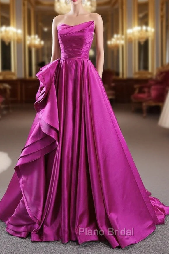 A-line Fuchsia Satin Strapless Pleats Formal Prom Dresses