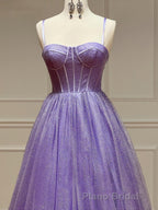 A Line Glitter Tulle Formal Prom Dresses with Pockets