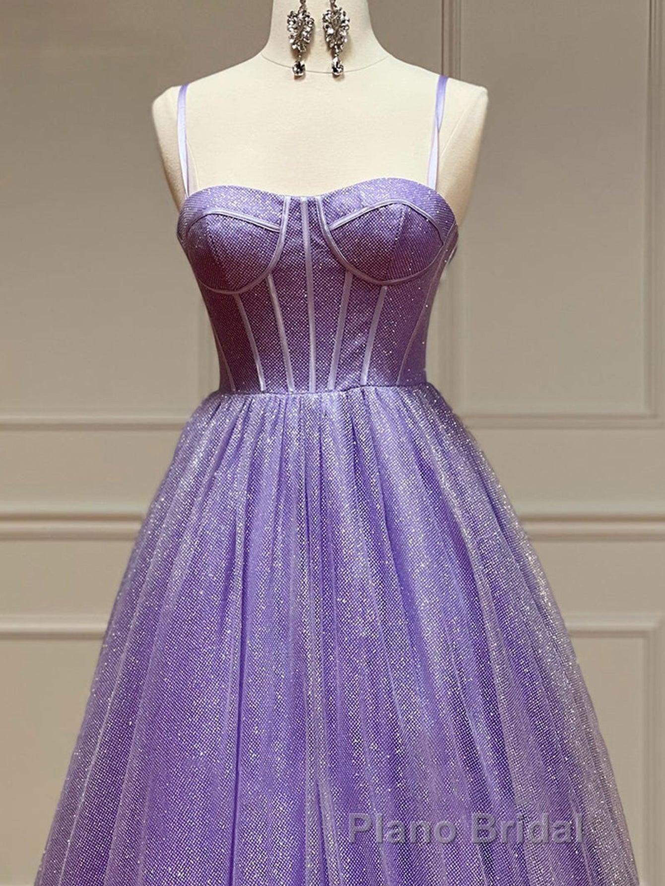 A Line Glitter Tulle Formal Prom Dresses with Pockets
