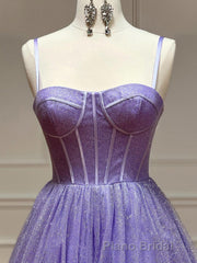 A Line Glitter Tulle Formal Prom Dresses with Pockets