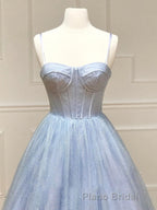 A Line Glitter Tulle Formal Prom Dresses with Pockets