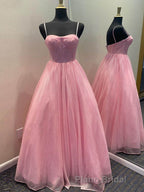 A Line Glitter Tulle Formal Prom Dresses with Pockets