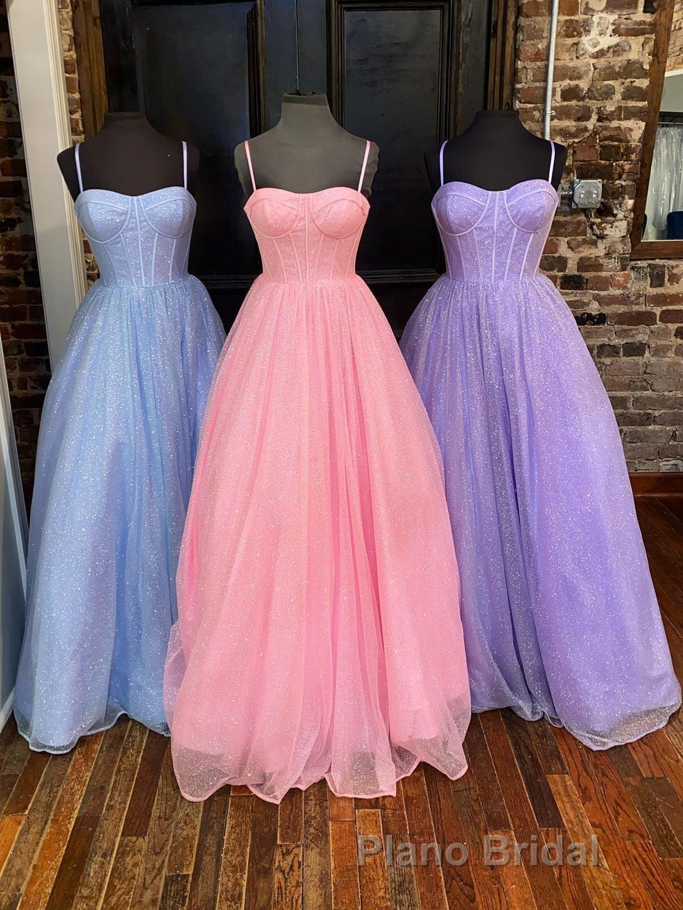 A Line Glitter Tulle Formal Prom Dresses with Pockets