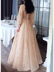 A-Line Glittering Elegant Engagement Formal Dresses High Neck Long Sleeve Floor Length Tulle With Sequin