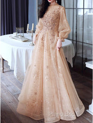 A-Line Glittering Elegant Engagement Formal Dresses High Neck Long Sleeve Floor Length Tulle With Sequin