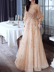 A-Line Glittering Elegant Engagement Formal Dresses High Neck Long Sleeve Floor Length Tulle With Sequin