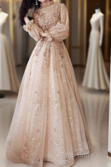 A-Line Glittering Elegant Engagement Formal Dresses High Neck Long Sleeve Floor Length Tulle With Sequin