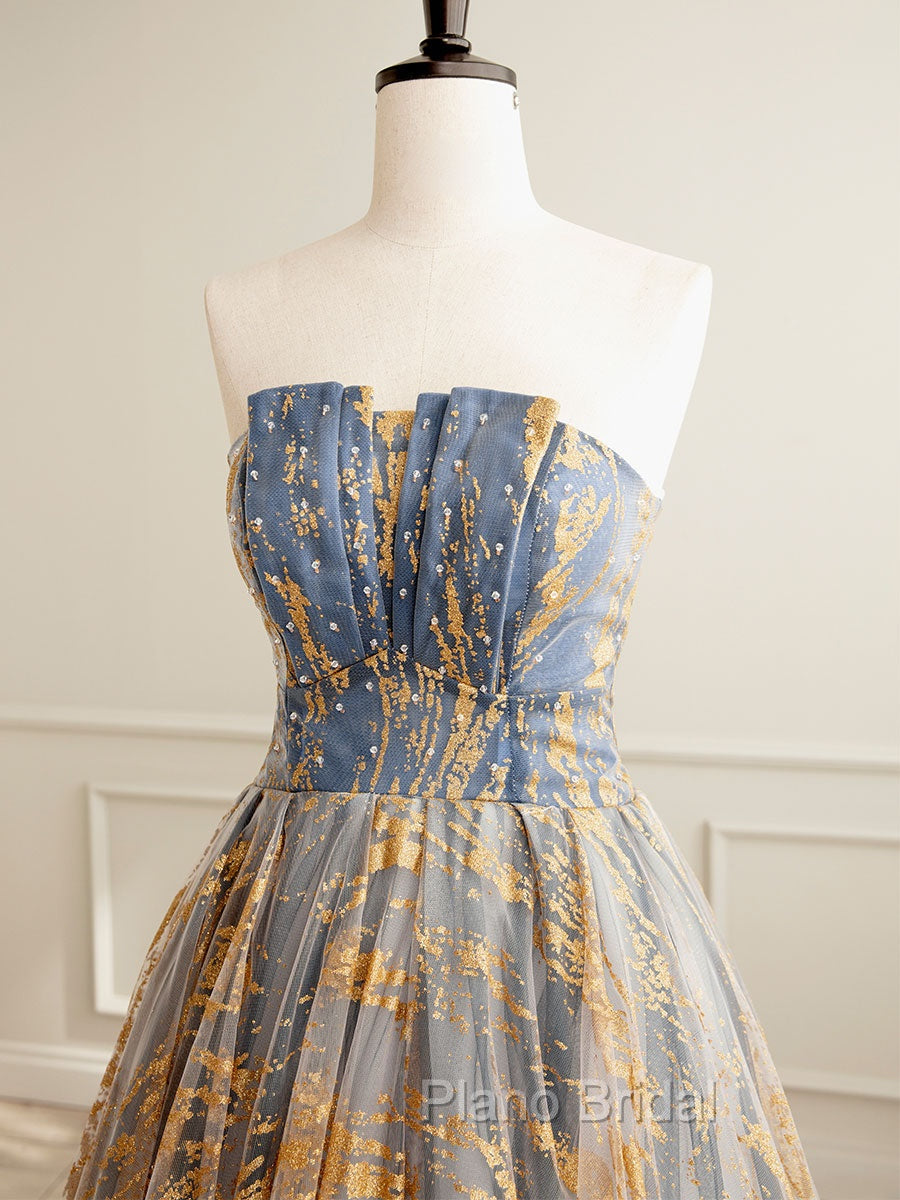 A-Line Gold/Blue Lace  Short Formal Prom Dresses, Cute Homecoming Dresses with Beading