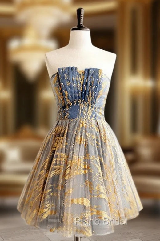 A-Line Gold/Blue Lace  Short Formal Prom Dresses, Cute Homecoming Dresses with Beading
