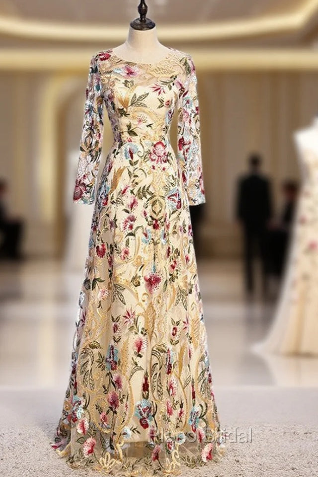 A-Line Gold Tulle Embroidery Long Sleeve Formal Prom Dresses