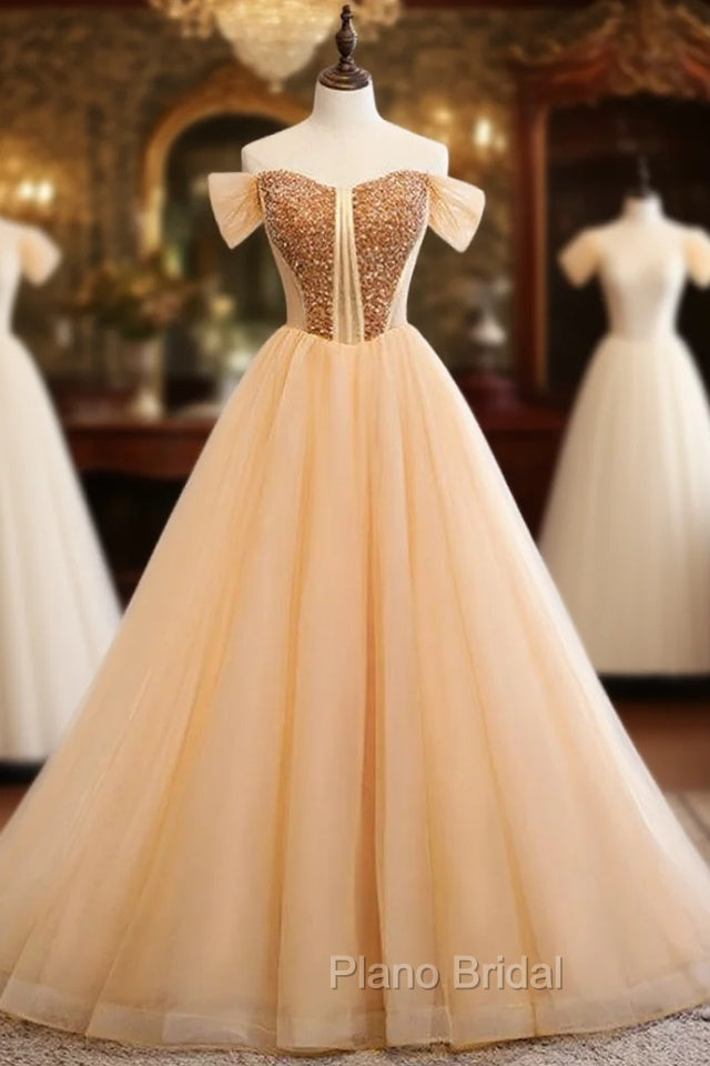 A-Line Gold Tulle Off the Shoulder Beading Formal Prom Dresses
