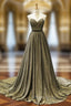 A-Line Gold Tulle Sweetheart Pleats Formal Prom Dresses With Pearls