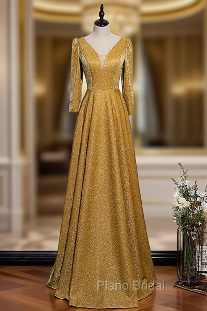 A-Line Gold V-neck Long Sleeve Formal Prom Dresses