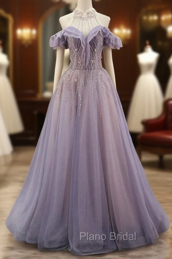 A-line Gray Blue Tulle Beading Formal Prom Dresses