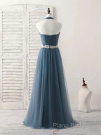 A-Line Gray Blue Tulle Long Bridesmaid Dresses Floor-Length Beading Formal Prom Dresses Elegant