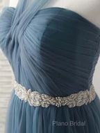 A-Line Gray Blue Tulle Long Bridesmaid Dresses Floor-Length Beading Formal Prom Dresses Elegant