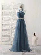 A-Line Gray Blue Tulle Long Bridesmaid Dresses Floor-Length Beading Formal Prom Dresses Elegant