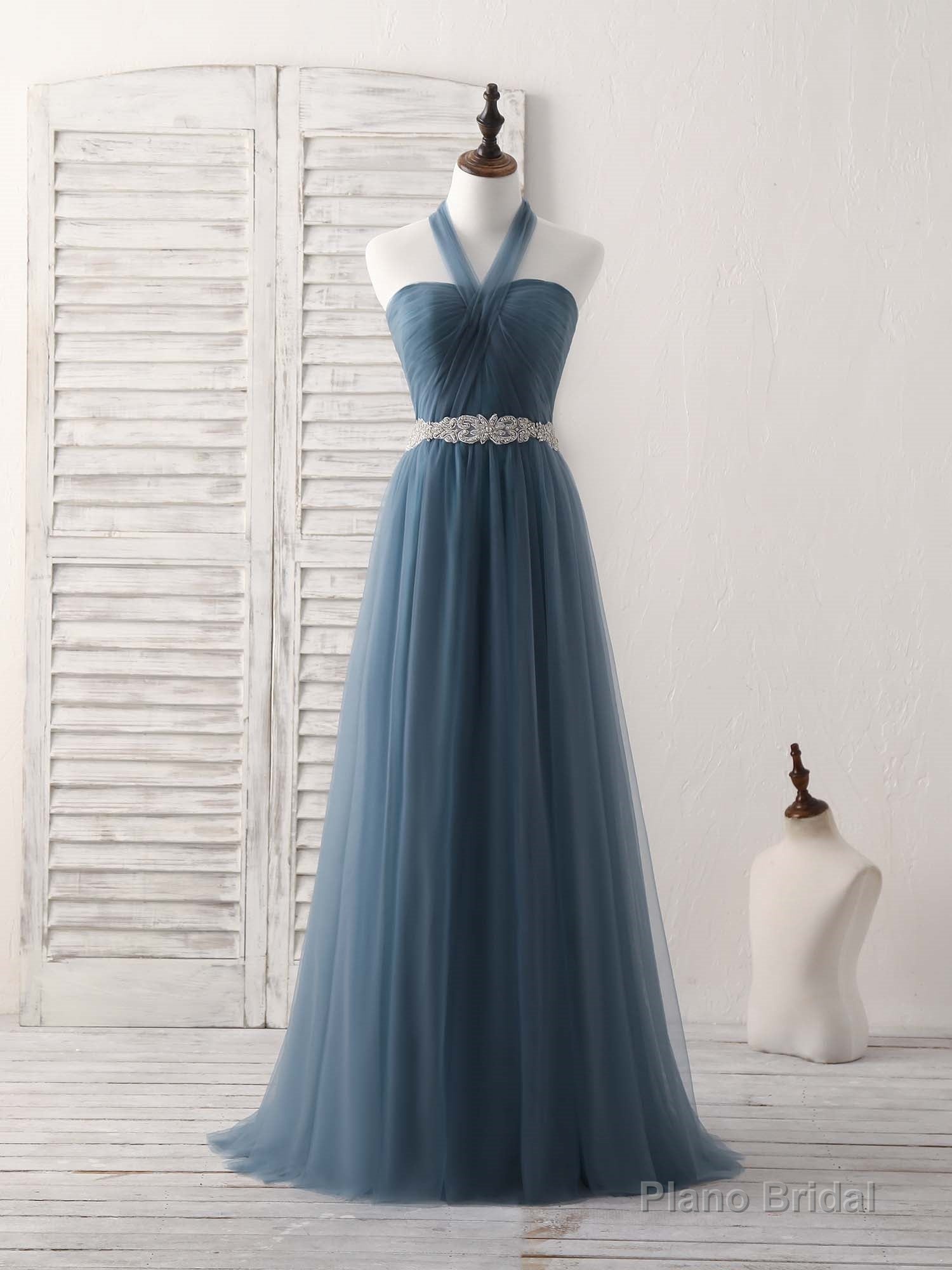 A-Line Gray Blue Tulle Long Bridesmaid Dress Gray Blue Prom Dress Main image