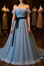 A-Line Gray Blue Tulle Long Formal Prom Dress, Gray Blue Long Formal Dress