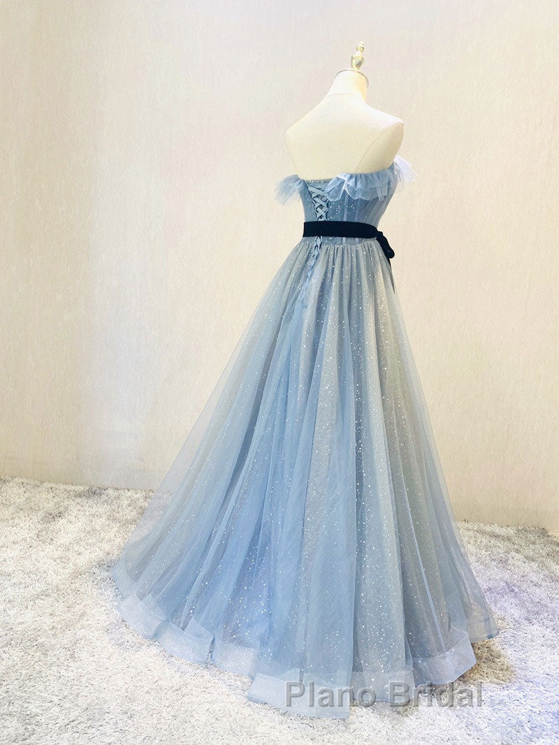 A-Line Gray Blue Tulle Long Formal Prom Dress, Gray Blue Long Formal Dress