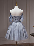 A-Line Gray Blue Tulle Short Formal Prom Dresses. Cute Gray Blue Homecoming Dresses