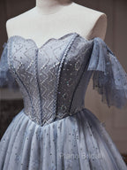 A-Line Gray Blue Tulle Short Formal Prom Dresses. Cute Gray Blue Homecoming Dresses