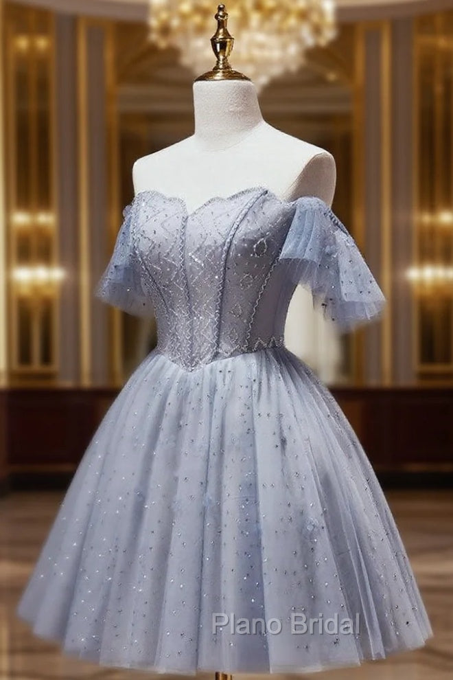 A-Line Gray Blue Tulle Short Formal Prom Dresses. Cute Gray Blue Homecoming Dresses Main image