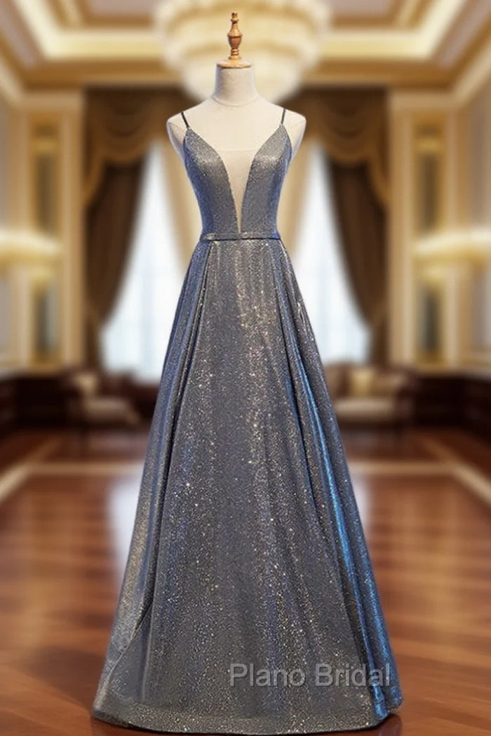 A-Line Gray Deep V-neck Sleeveless Long Formal Prom Dresses