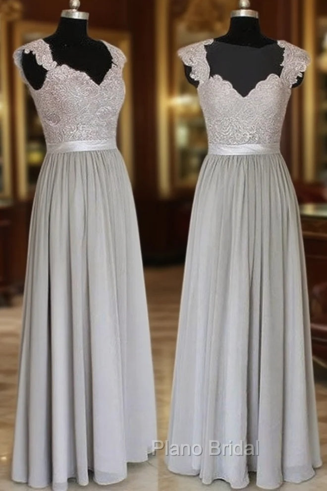 A-Line Gray Long Formal Prom Dresses, Gray Lace Bridesmaid Dresses
