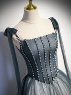 A Line Gray Long Formal Prom Dresses, Tulle Gray Formal Graduation Dresses with Beading