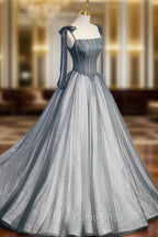 A Line Gray Long Formal Prom Dresses, Tulle Gray Formal Graduation Dresses with Beading