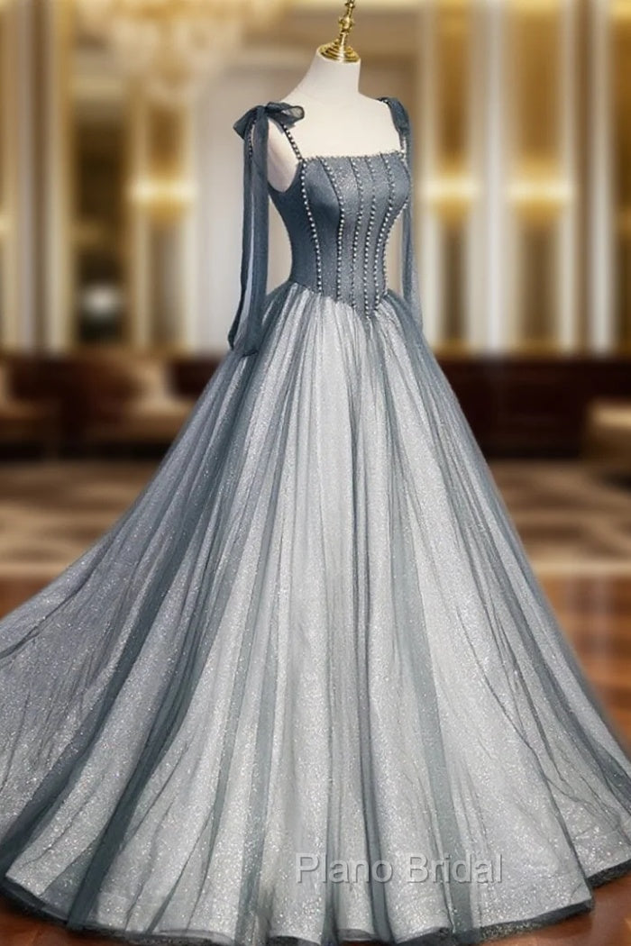 A Line Gray Long Formal Prom Dresses, Tulle Gray Formal Graduation Dresses with Beading