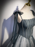 A Line Gray Long Formal Prom Dresses, Tulle Gray Formal Graduation Dresses with Beading
