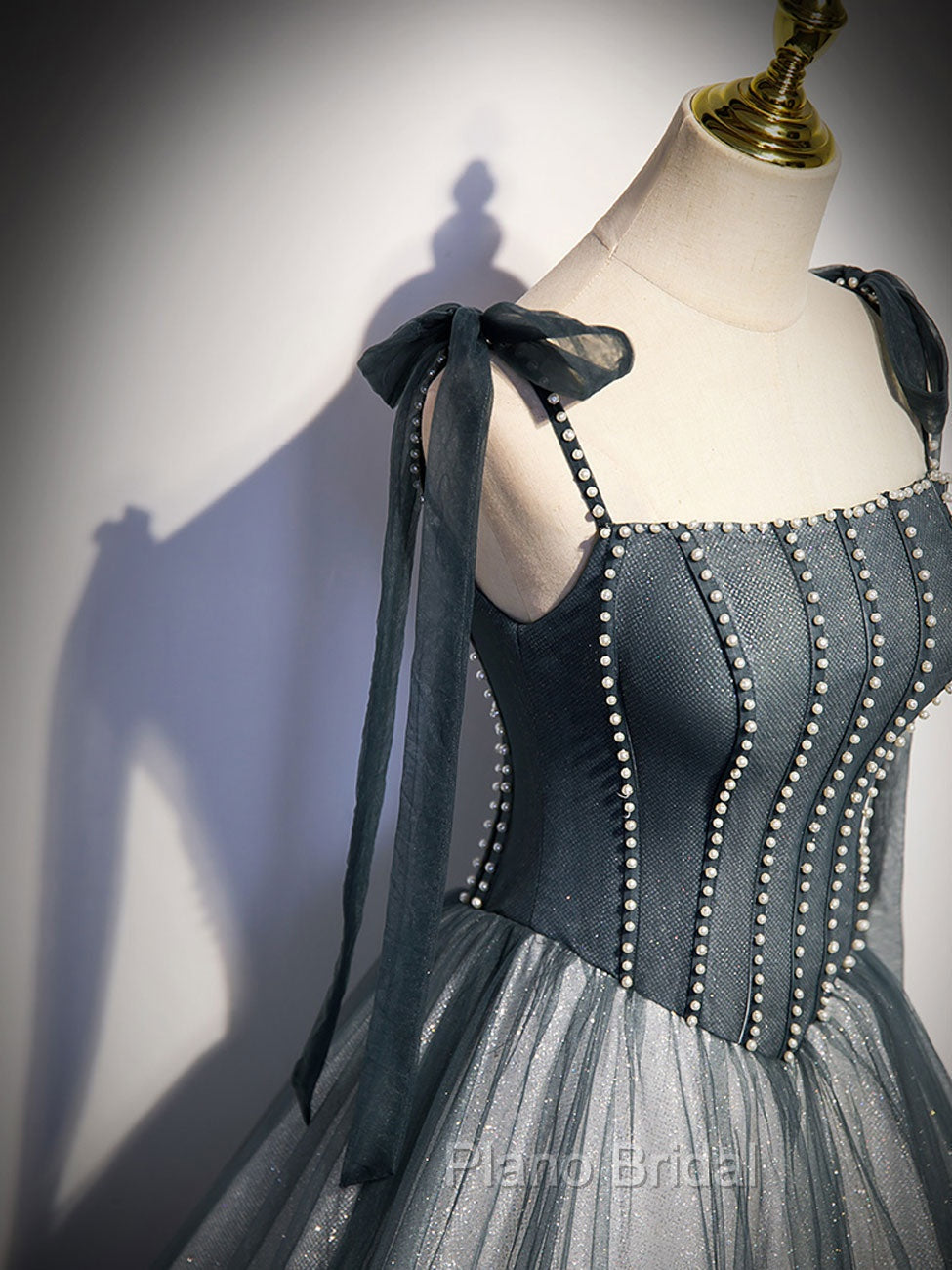 A Line Gray Long Formal Prom Dresses, Tulle Gray Formal Graduation Dresses with Beading