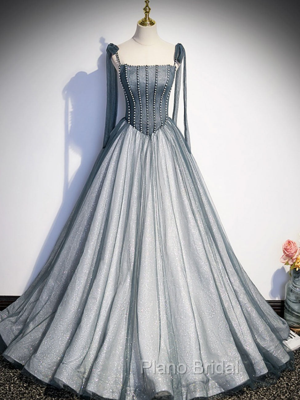 A Line Gray Long Formal Prom Dresses, Tulle Gray Formal Graduation Dresses with Beading