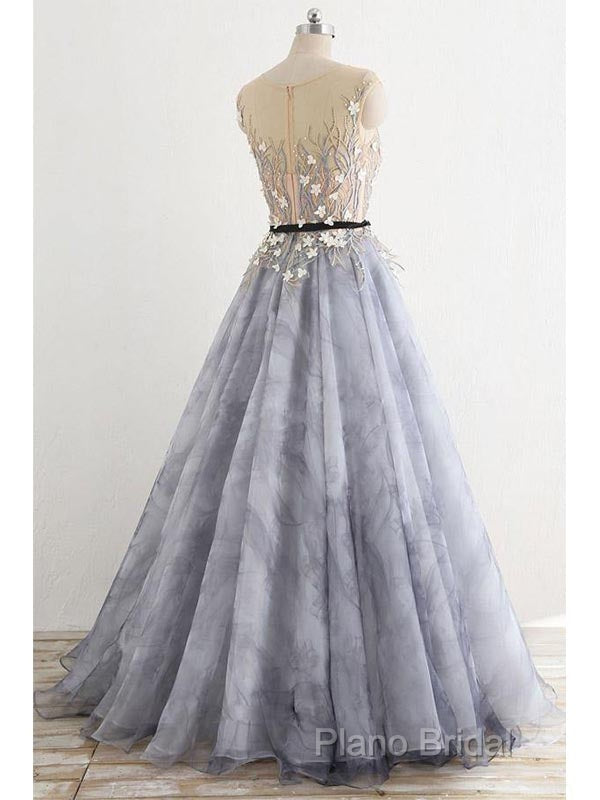 A-Line Gray Rround Neck Tulle Long Formal Prom Dresses Grey Formal Dresses,