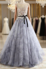 A-Line Gray Rround Neck Tulle Long Formal Prom Dresses Grey Formal Dresses,