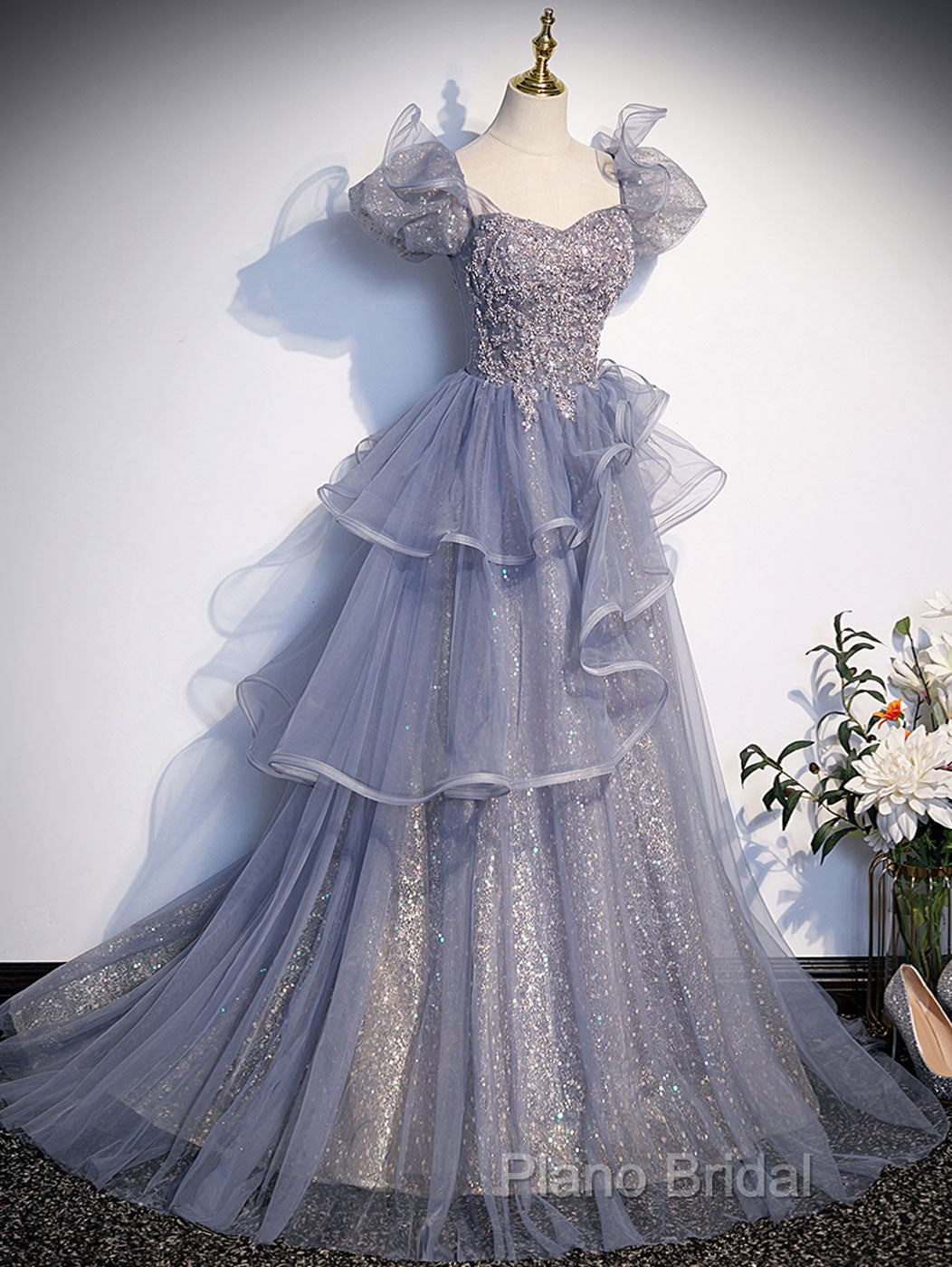 A-Line Gray Sequin Long Formal Prom Dresses, Sequin Tulle Formal Dresses Secondary image
