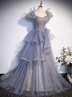 A-Line Gray Sequin Long Formal Prom Dresses, Sequin Tulle Formal Dresses